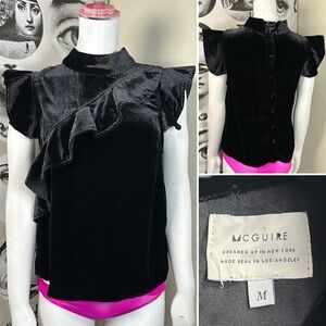 McGuire Black Sorbonne Mock Turtleneck Velvet Top w/ Ruffle Cap Sleeves, Sz M